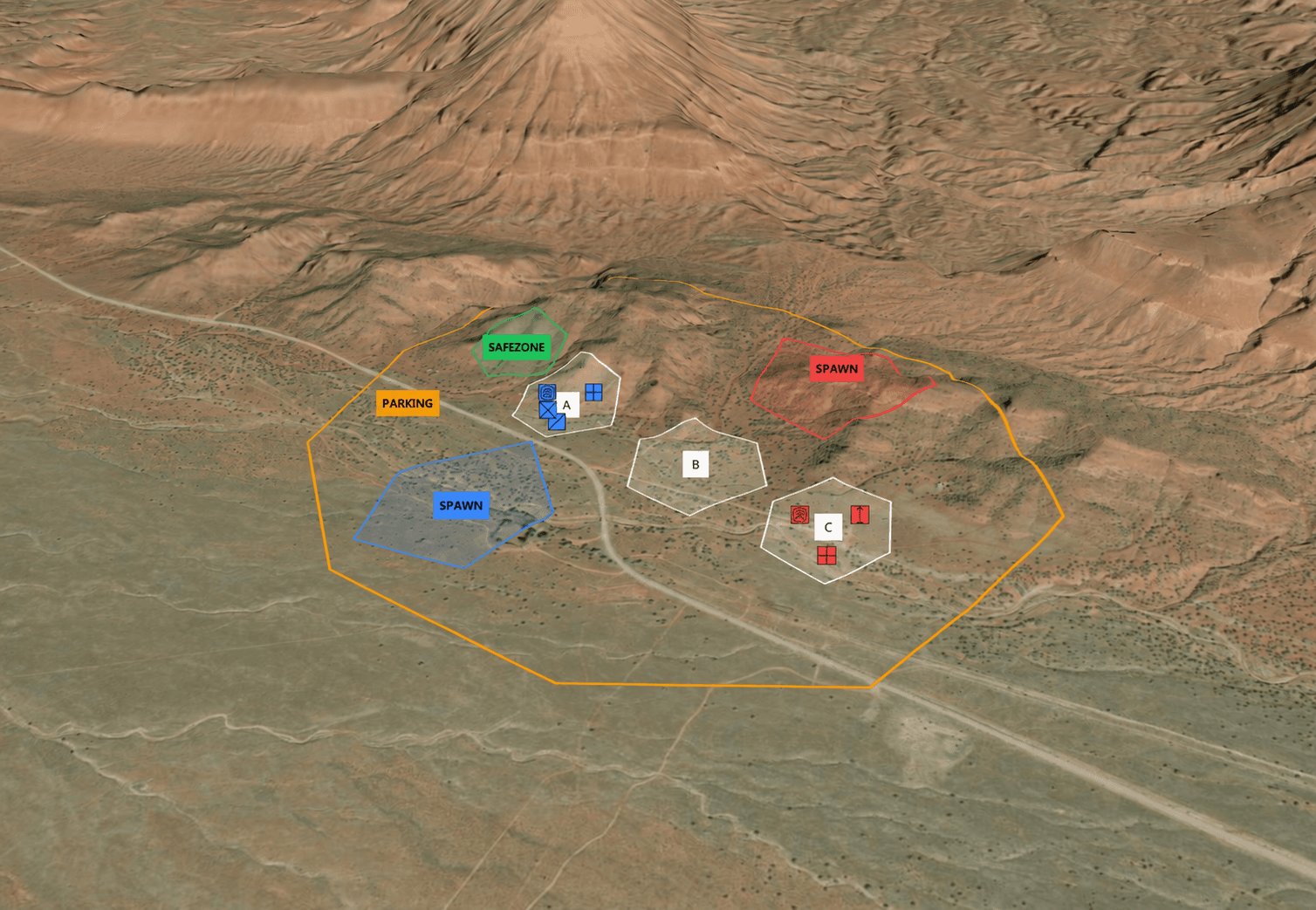 GridStrike Event Builder showing teams, objectives, and field boundaries on a tactical map